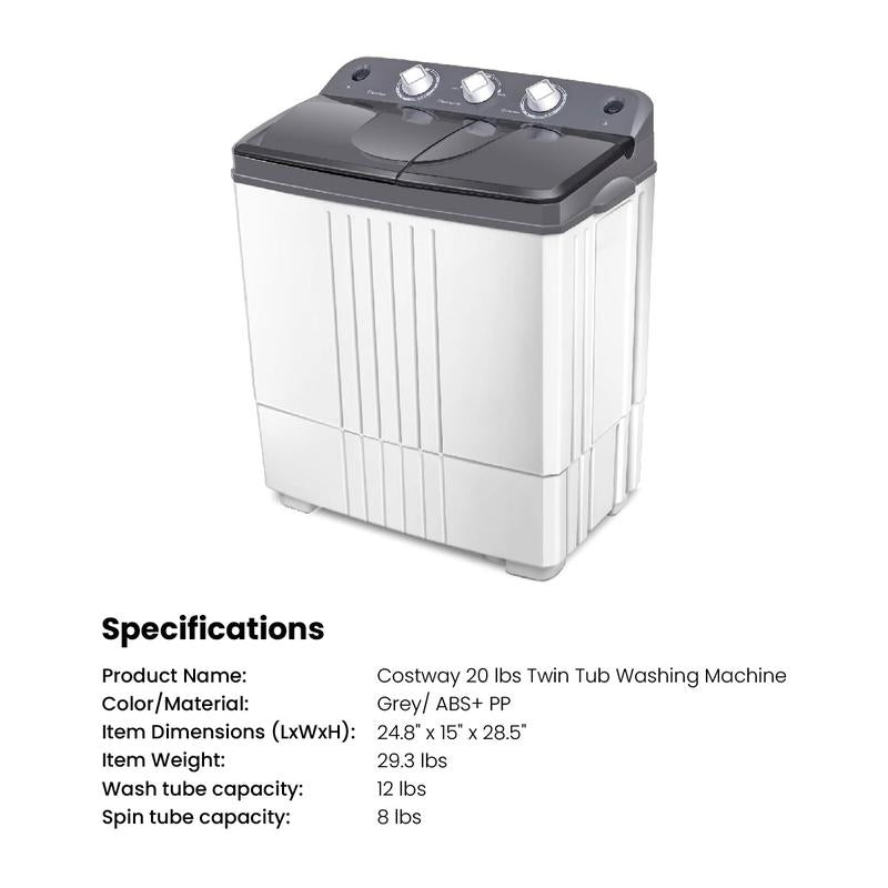 Costway Compact Twin-Tub Portable Washing Machine with Timer & Built-In Pump – Ideal for RVs, Apartments, and Dorms