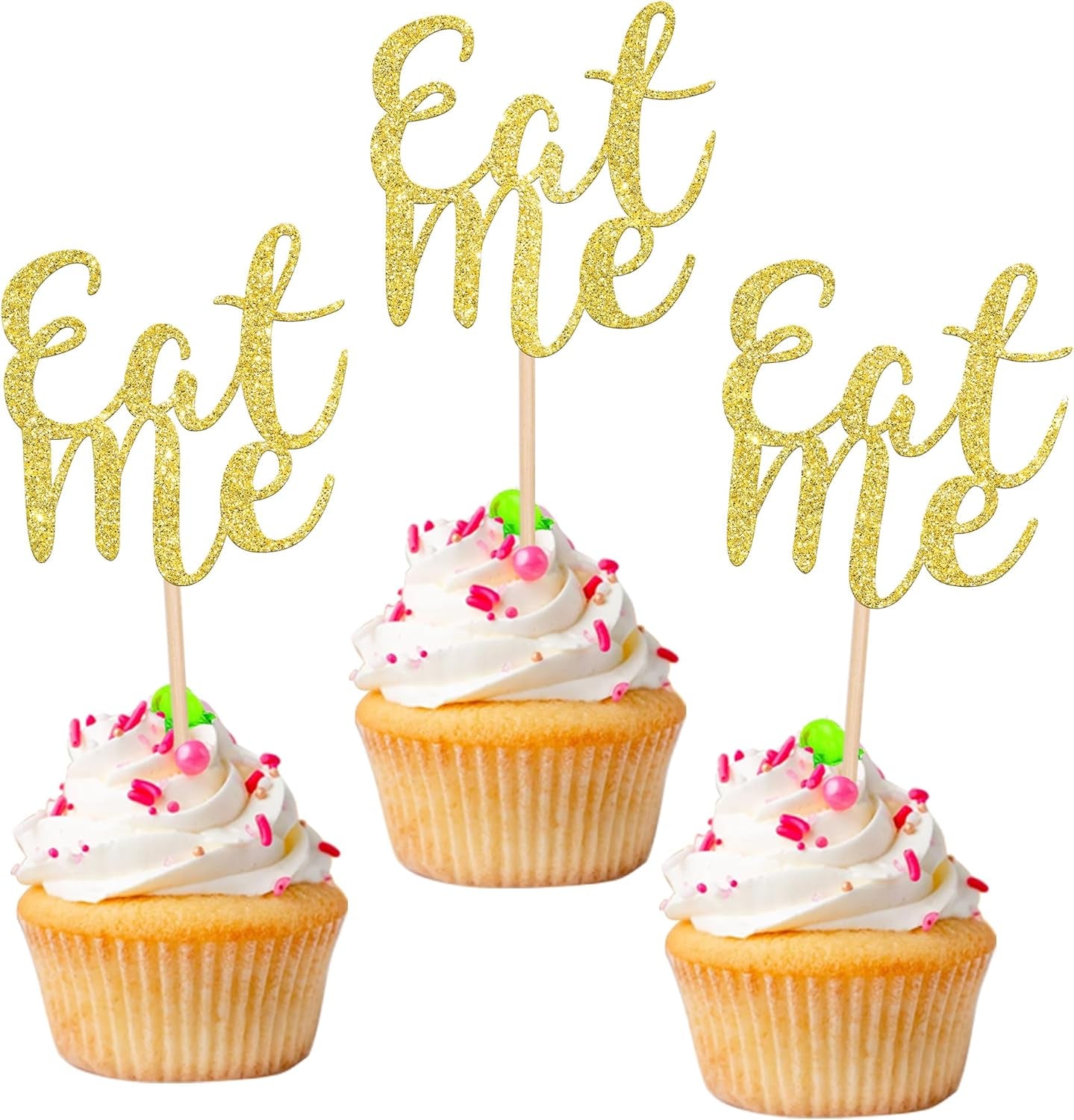 36 PCS Eat Me Cupcake Toppers Glitter Magic Alice Tea Party Cupcake Picks for Baby Shower Boys Girls Kids Birthday Tea Party Cake Decorations Supplies Gold