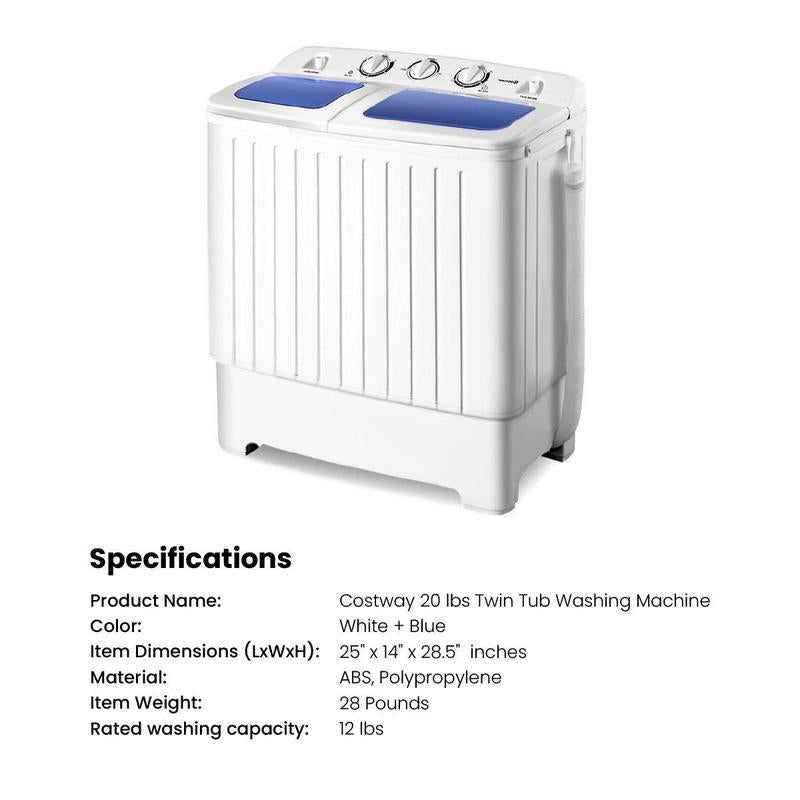 Costway Compact Twin-Tub Portable Washing Machine with Timer & Built-In Pump – Ideal for RVs, Apartments, and Dorms